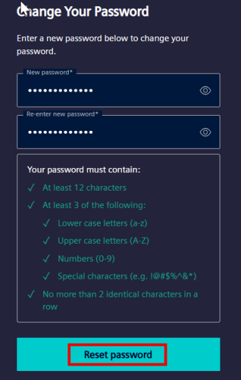reset Password tab
